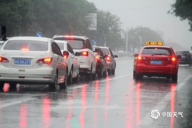 打伞|山东威海遭遇强降雨侵袭 行人打伞出行