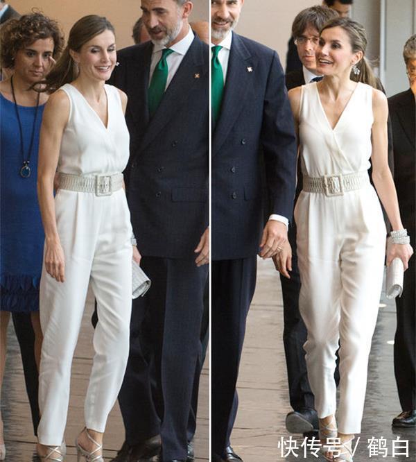  连体|西班牙王后穿连体裤亮相，端庄气质又时髦，唯独花纹太像老年装
