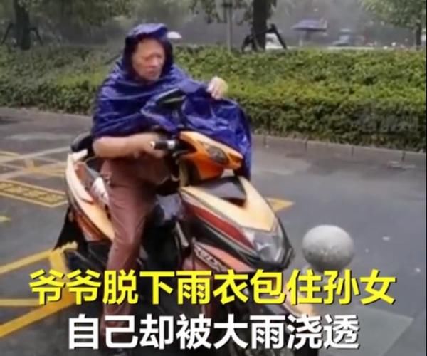 孙女|下雨天爷爷护紧孙女自己被浇透,网友:想到自己爷爷了