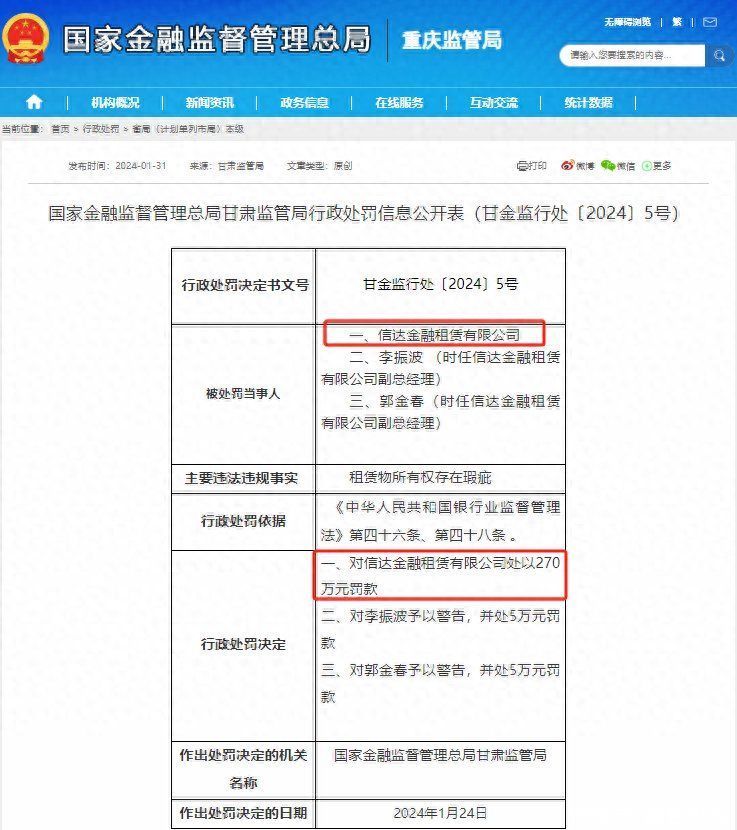 因租赁物所有权存在瑕疵，信达金租被罚款270万元