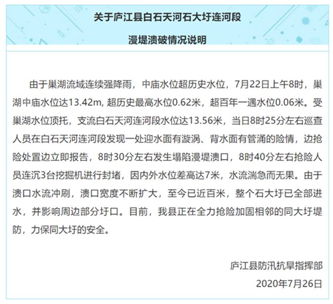 进水|紧急！庐江出现近百米溃口，整个石大圩全部进水