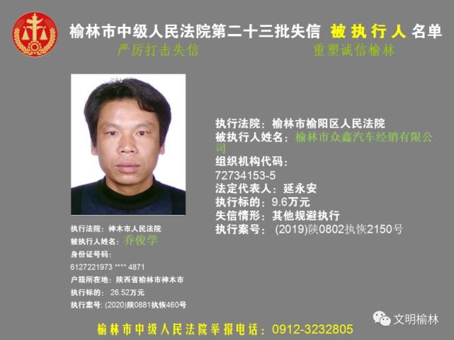 榆林|榆林二十三批失信被执行人名单，看看认识不