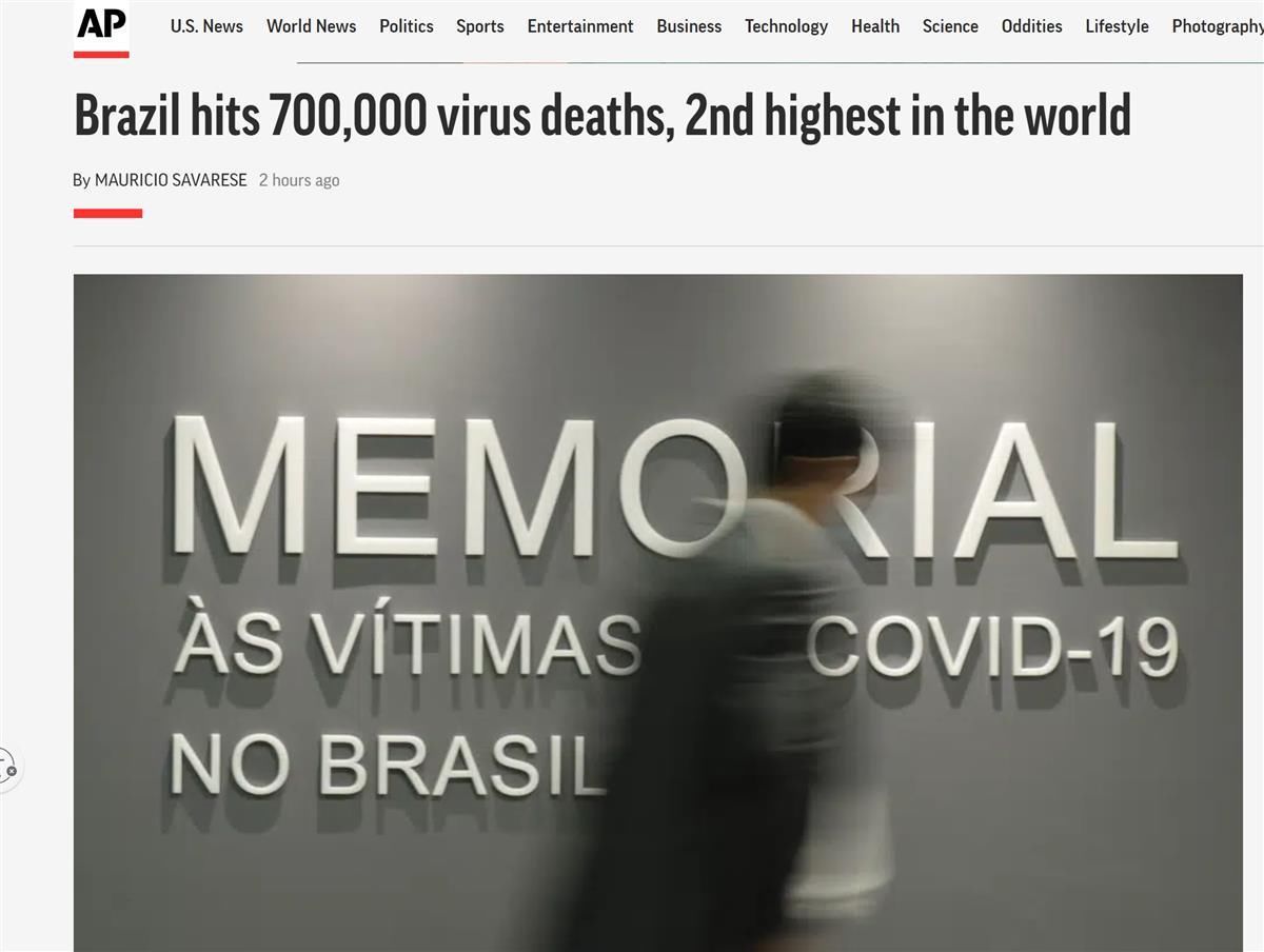 巴西死于新冠病毒的人数达70万，仅次于美国