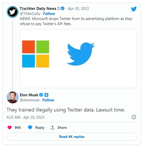 马斯克威胁要起诉微软，称后者“非法使用推特数据进行 AI 训练”