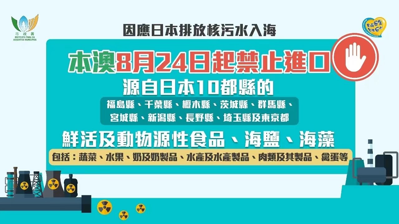 澳门特区政府从24日起将禁止日本10个都县水产、奶制品、蔬果、肉禽蛋等进口，每天公布辐射检测数据