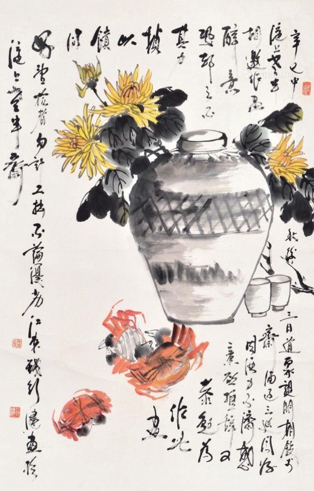 螃蟹|国画名家《菊蟹图》大赏：螃蟹、菊花、美酒