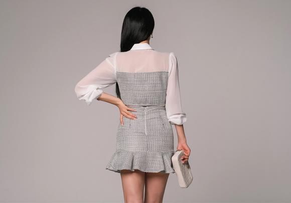 套裙|韩国明星郑有贞:亚麻针织长袖白纱套裙