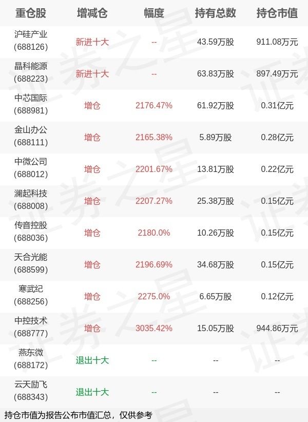 华夏基金张弘弢旗下华夏科创板50ETF联接C中报最新持仓，重仓中芯国际