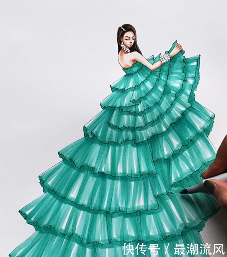 干货|超详细马克笔手绘时装画步骤干货/Tiffany Gown Part2