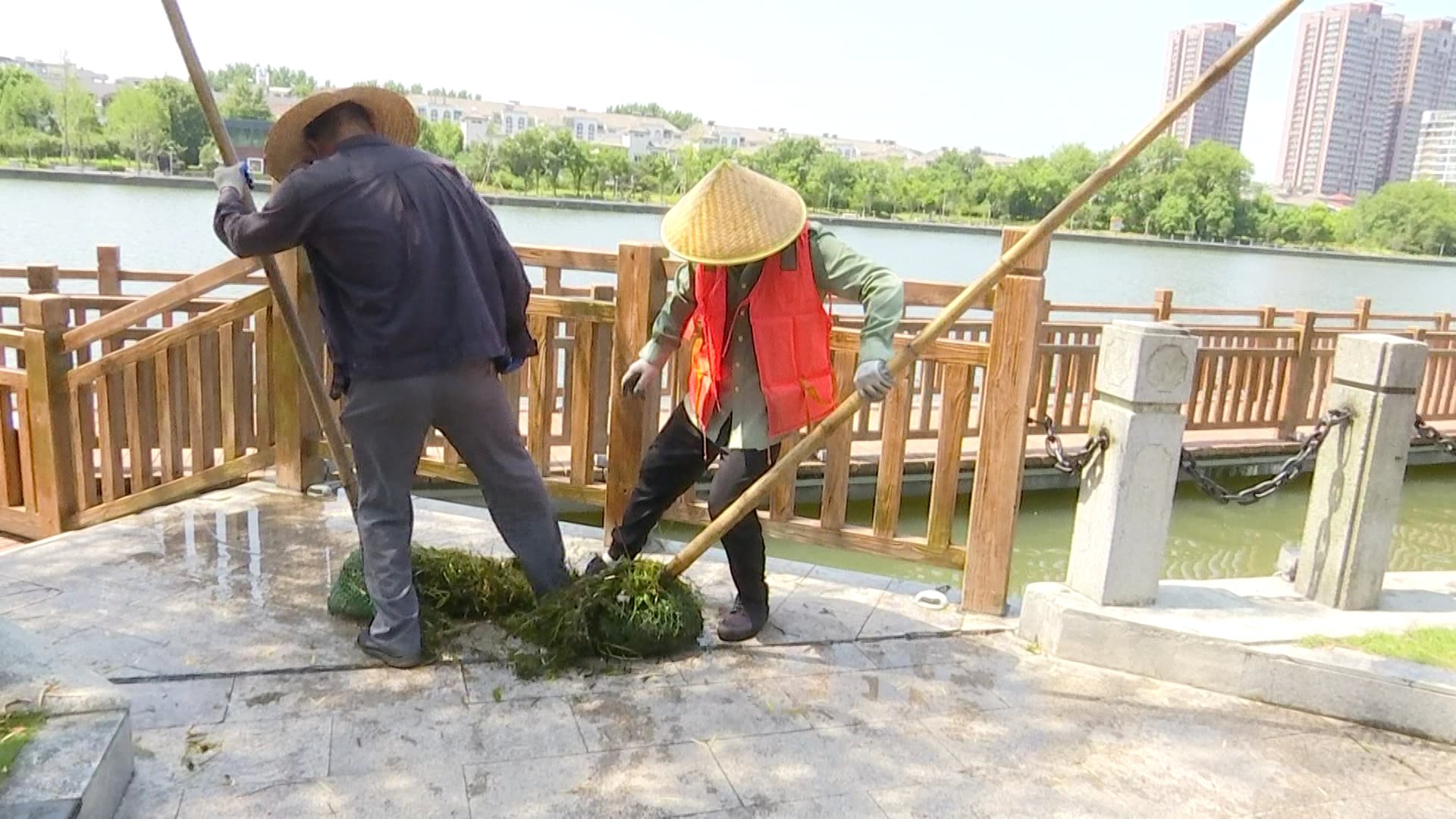  头顶|清漂工人头顶烈日战高温 一兜一笠保一江碧水