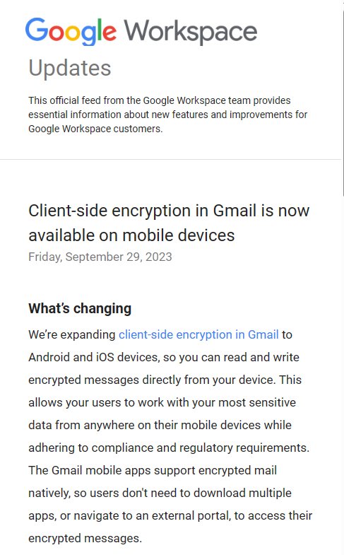 Gmail在安卓/iOS客户端推出邮件端到端加密功能