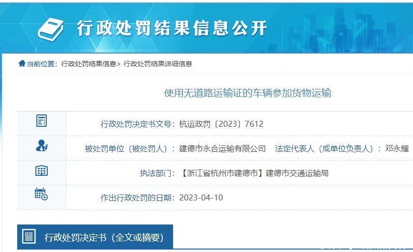 建德市永合运输有限公司使用无道路运输证的车辆参加货物运输被罚