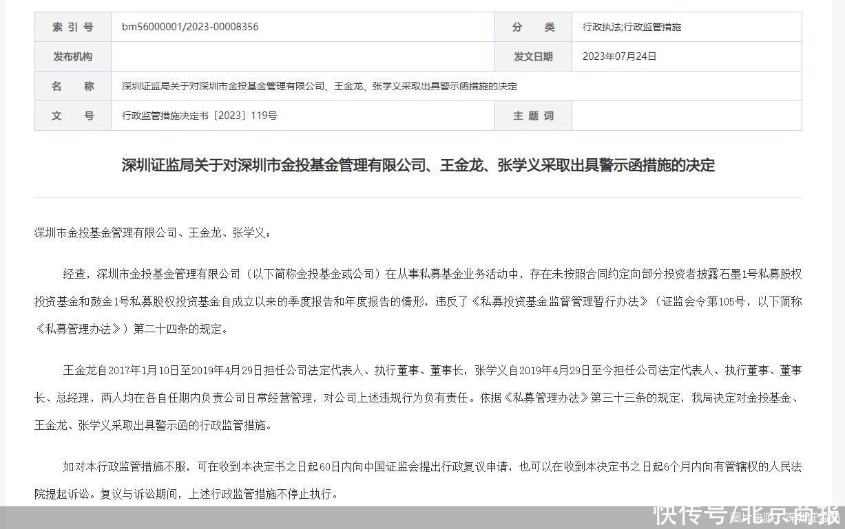 因未按照合同约定披露季报、年报 金投基金及责任人遭监管出具警示函