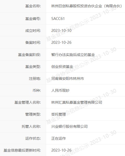 林州巨创私募股权投资基金完成备案，规模6000万元