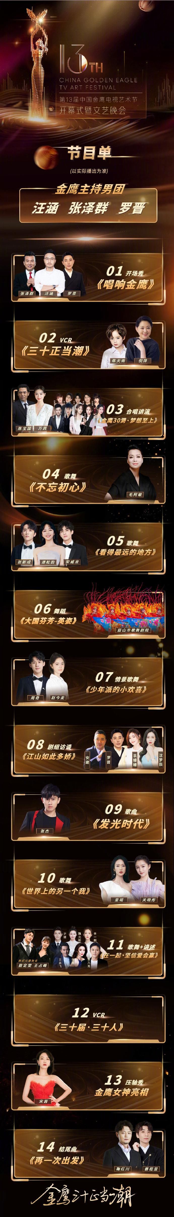  开场|金鹰节开幕式节目单！汪涵张泽群罗晋开场，金鹰女神宋茜压轴亮相