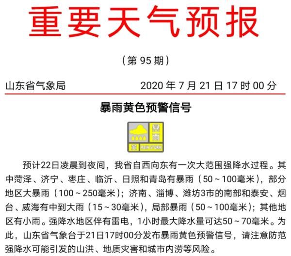 山东省气象|天气丨预警！22日凌晨到夜间鲁南局部迎大暴雨