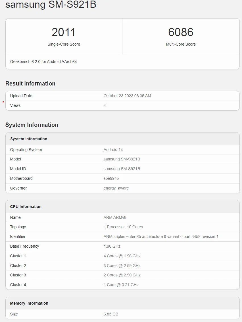 三星 Galaxy S24 国际版现身 Geekbench：搭载十核 Exynos 2400