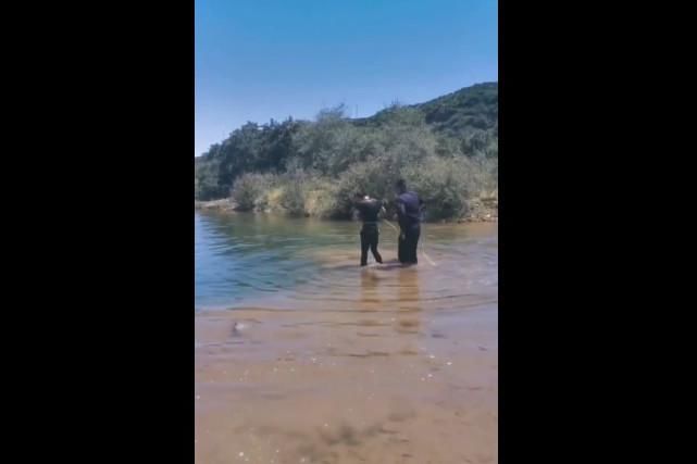  河中|门源一男子不慎落水，他系上安全绳抱起石头跳入河中...