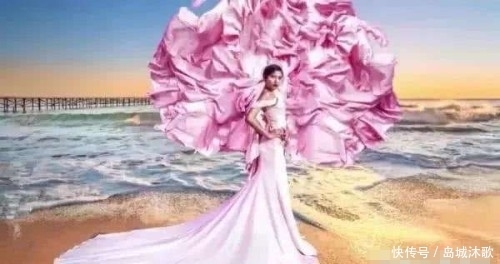 拍摄婚纱照|新娘穿粉色礼服海边拍婚纱照,助理拿一块布罩住新娘,成片很惊艳