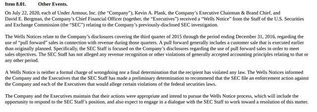  通知|Under Armour收到美国证监会“韦尔斯通知”涉及“不当会计操作”调查