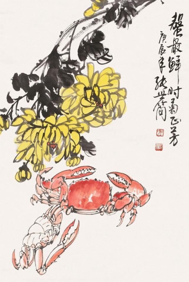 螃蟹|国画名家《菊蟹图》大赏：螃蟹、菊花、美酒