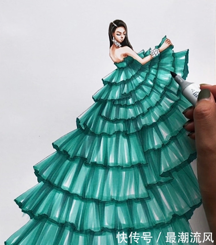 干货|超详细马克笔手绘时装画步骤干货/Tiffany Gown Part2