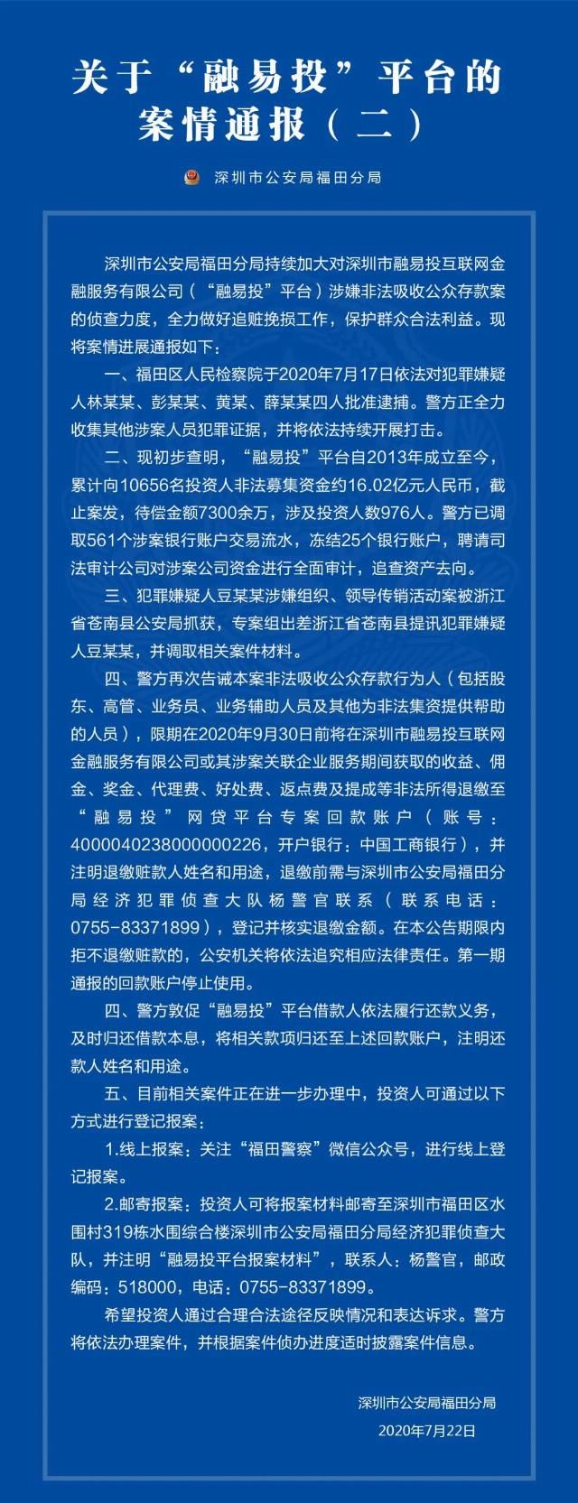 融易|融易投案4人被批捕 平台累计非法募资16.02亿元
