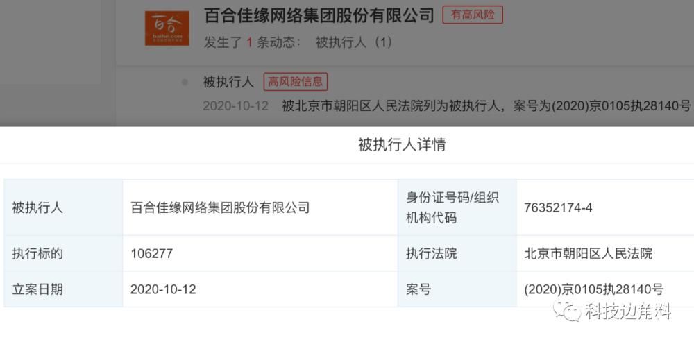 佳缘|百合佳缘成被执行人，执行标的超10万元