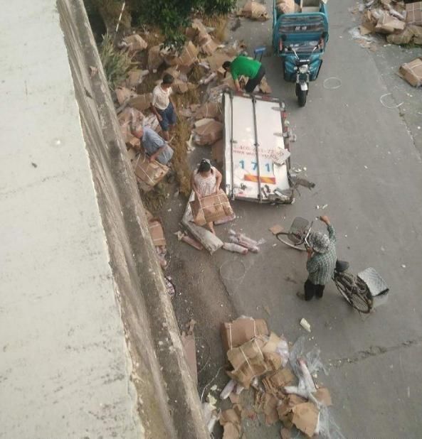  猪肉|货车遭遇事故，7吨猪肉遭附近村民哄抢，尽显人间险恶！车主无奈