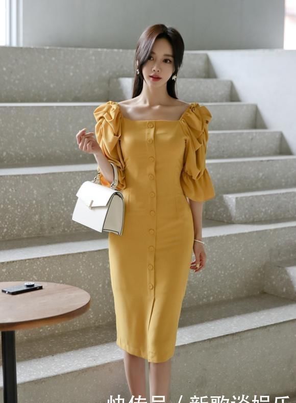 嫩黄|孙允珠：蛋挞夏荣絮彩花边嫩黄连衣裙写真