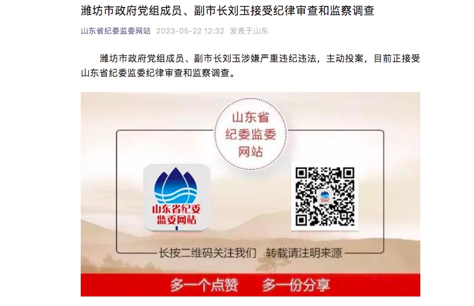 山东省潍坊市政府党组成员、副市长刘玉接受审查调查