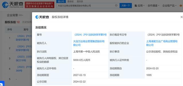 万达商管新增2条股权冻结信息 被冻结股权数额合计6000万
