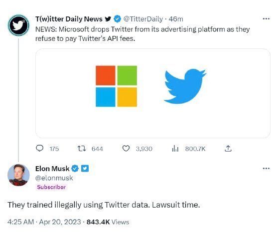 马斯克威胁将起诉微软：非法使用Twitter数据进行AI训练